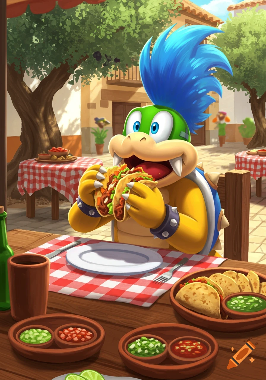 Larry Koopa, a turtle-like cartoon character with blue hair, happily eats tacos at an outdoor Spanish restaurant.