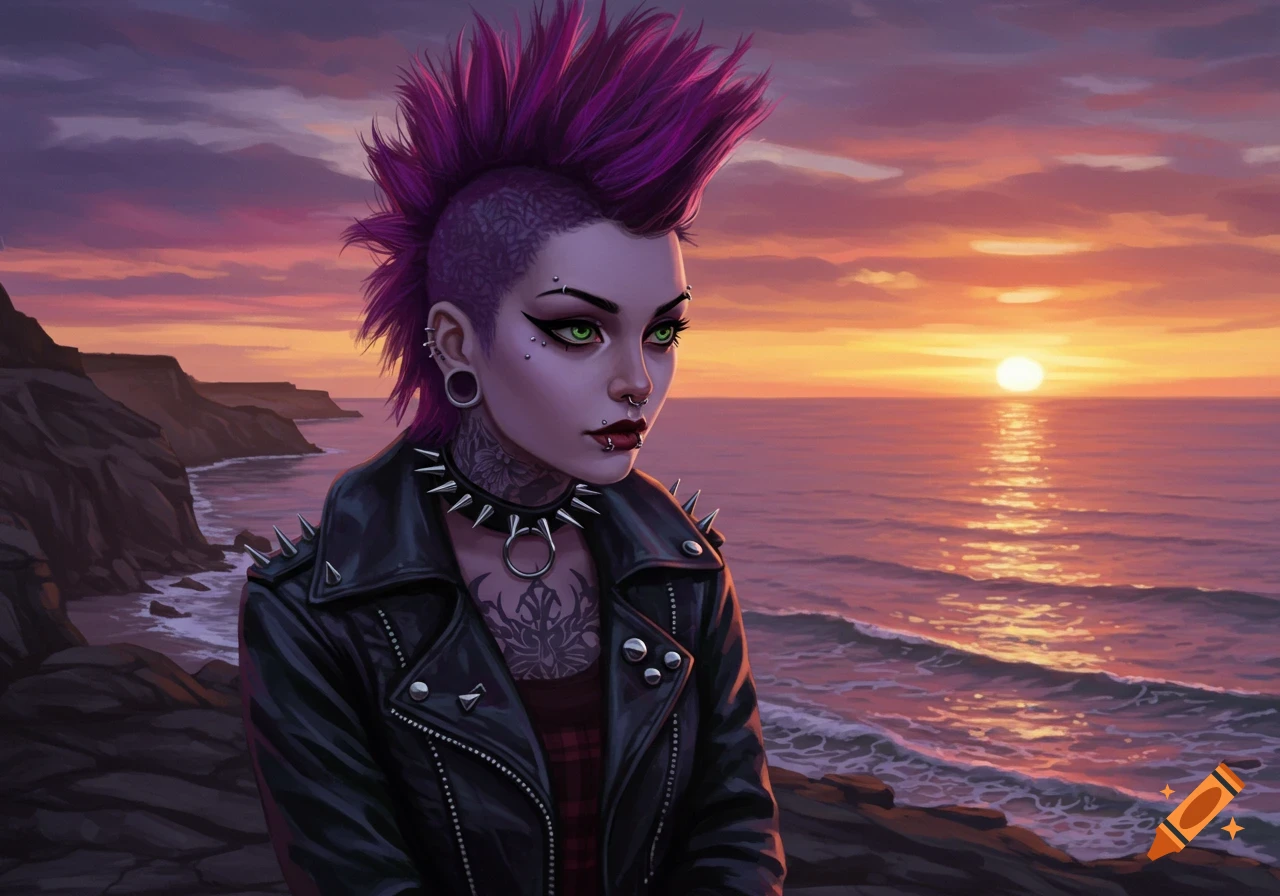 A goth punk girl with a purple mohawk and piercings in a studded jacket watches a vibrant sunset over the ocean from a cliff, digital painting.