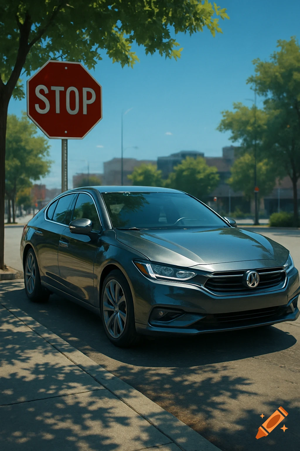 A dark grey car parked on a sidewalk next to a red stop sign under a blue sky, with trees casting shadows.