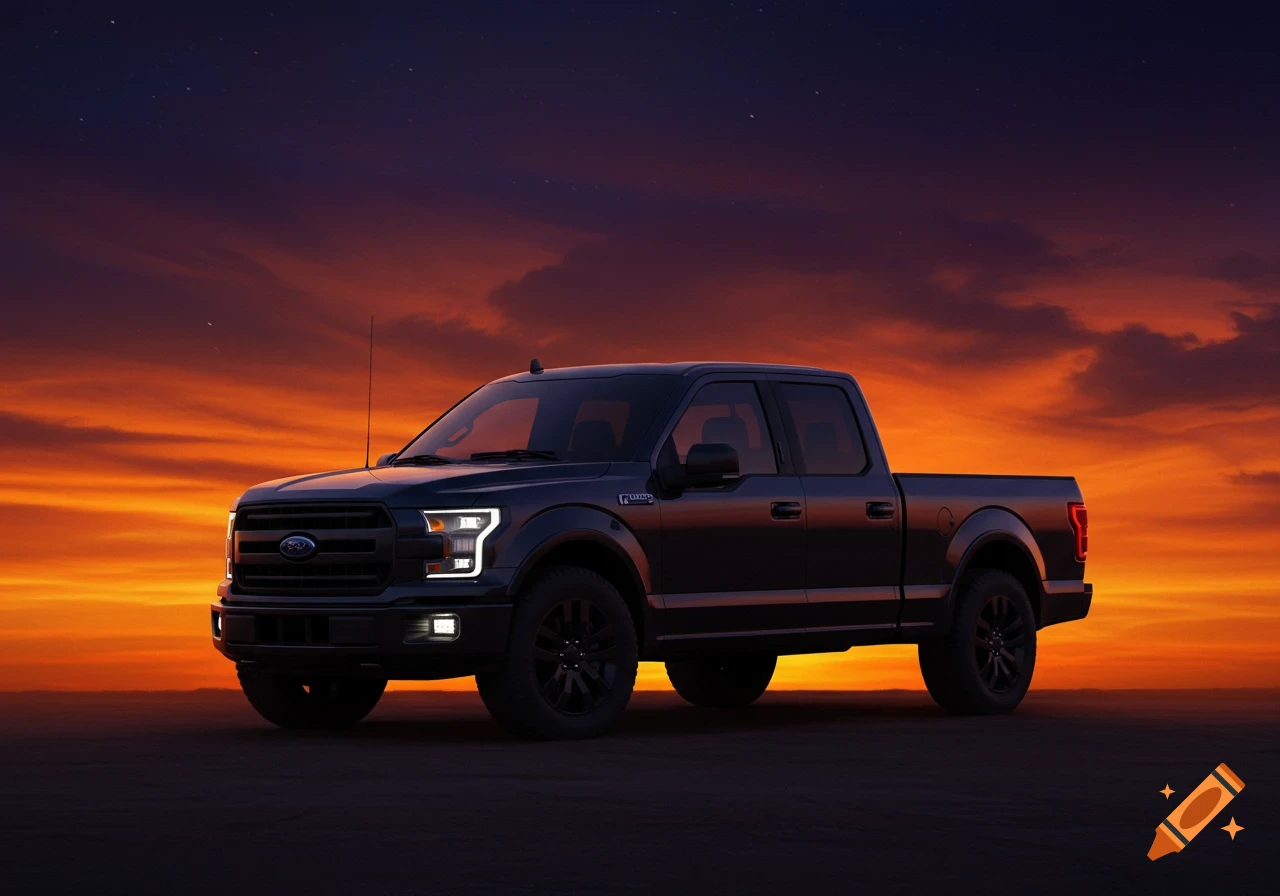 A dark Ford F-150 pickup truck is parked on a dark, flat surface against a vibrant orange and purple sunset sky.