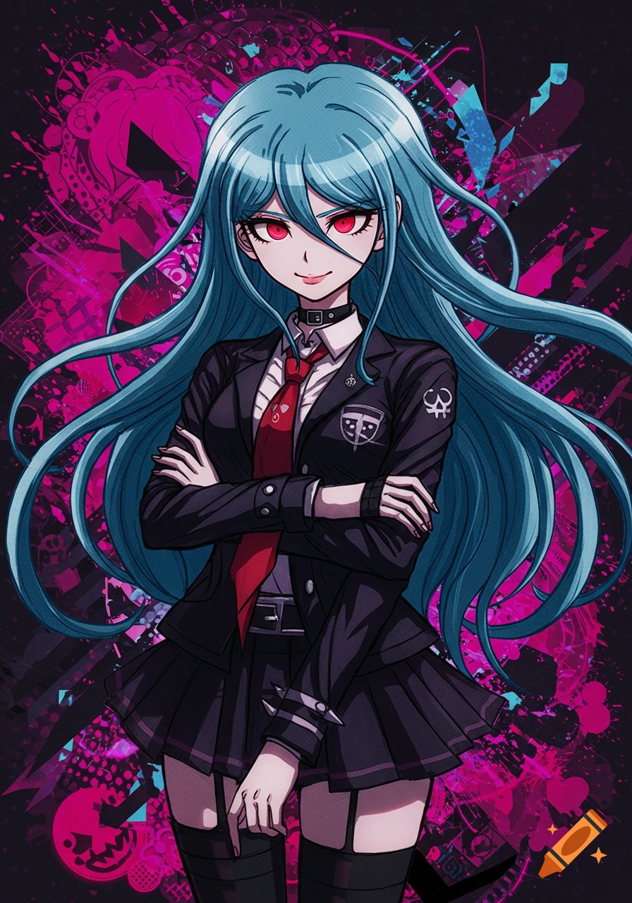 An anime girl with long blue hair and red eyes, wearing a black school uniform, red tie, and garter stockings, arms crossed, against a vibrant abstract background.