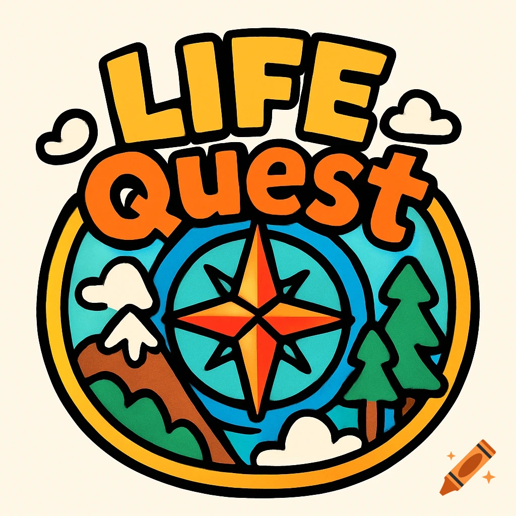 A colorful cartoon logo with the words 'LIFE Quest' above a compass, mountains, trees, and clouds.