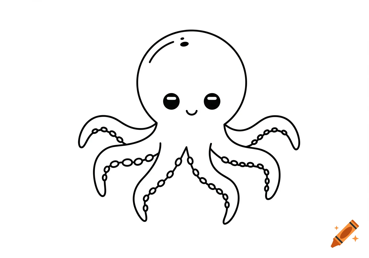 A cute, simple black and white line drawing of an octopus with big eyes and a smiling face.