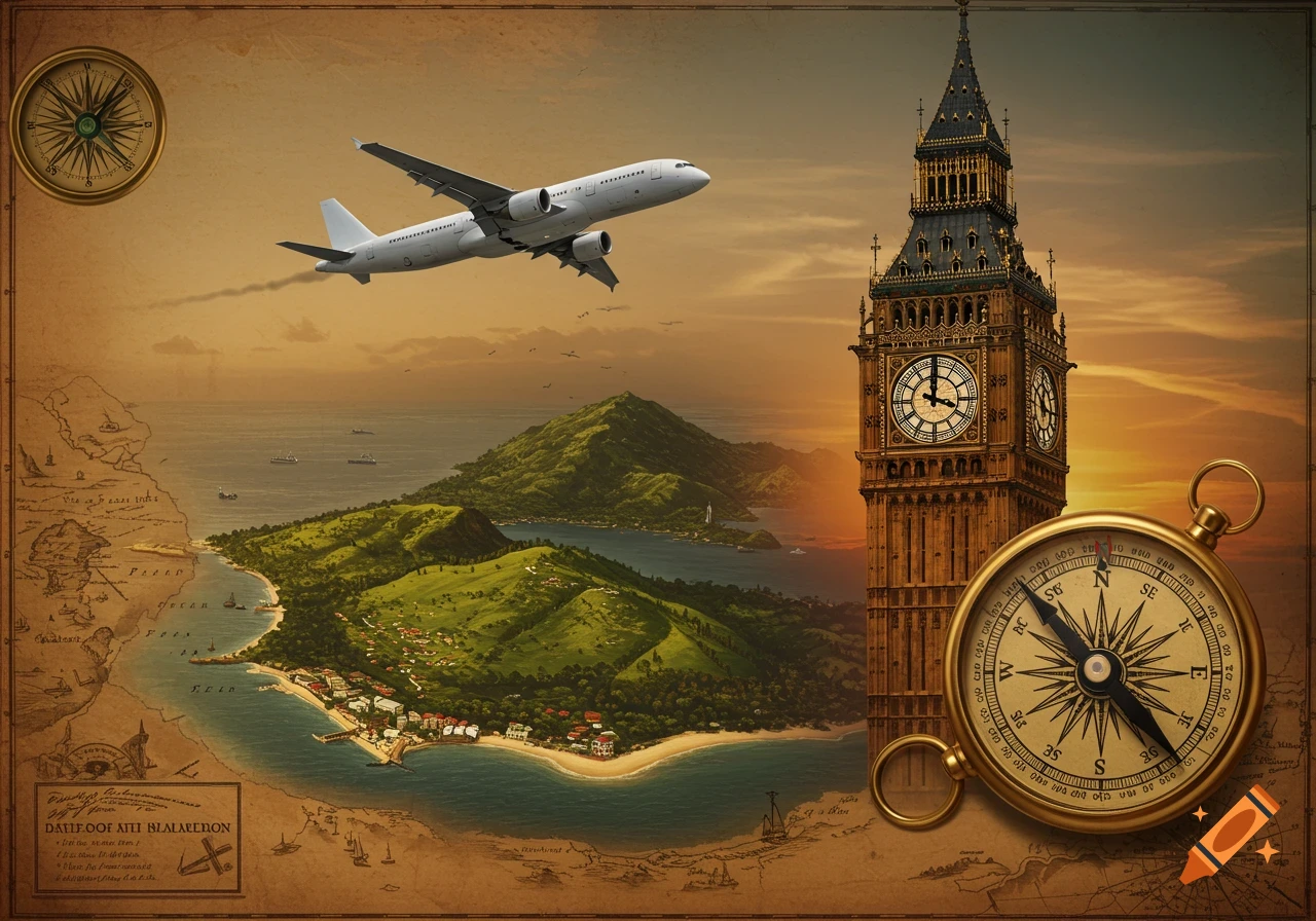 An airplane flies over a tropical island map, with Big Ben and a compass prominent, against a sunset sky.