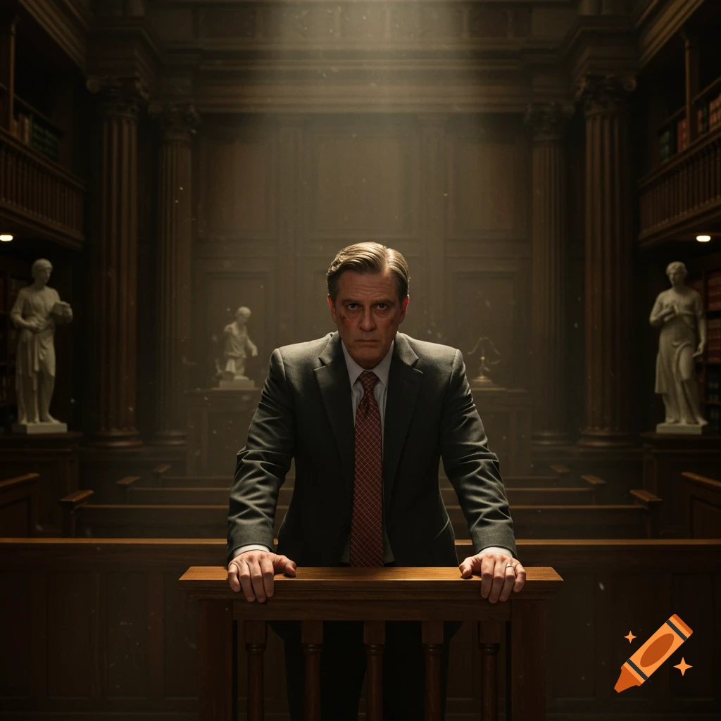 Photorealistic portrait of a serious man in a suit with a facial injury, standing in a dramatically lit courtroom.