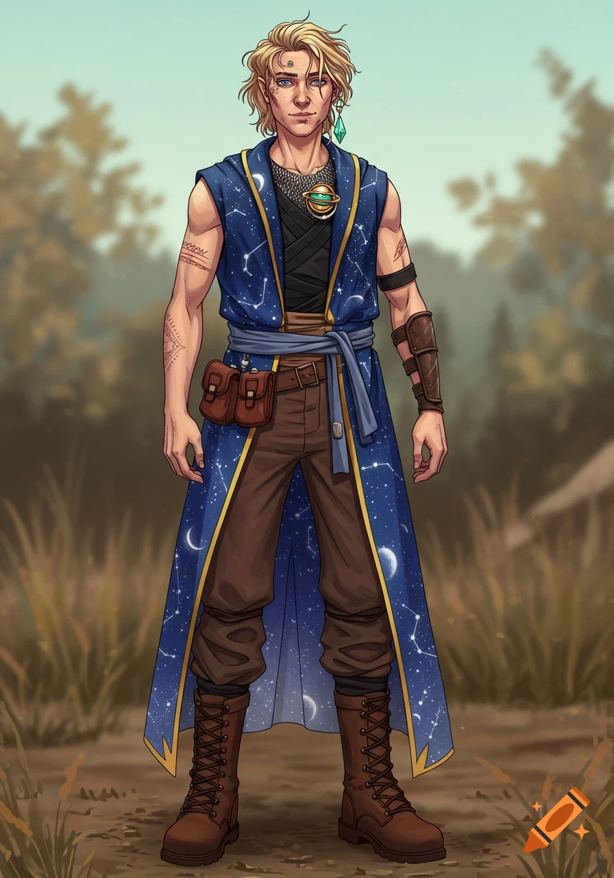 Full-body portrait of a blonde male fantasy character in a starry blue robe, brown pants, and boots, standing outdoors.