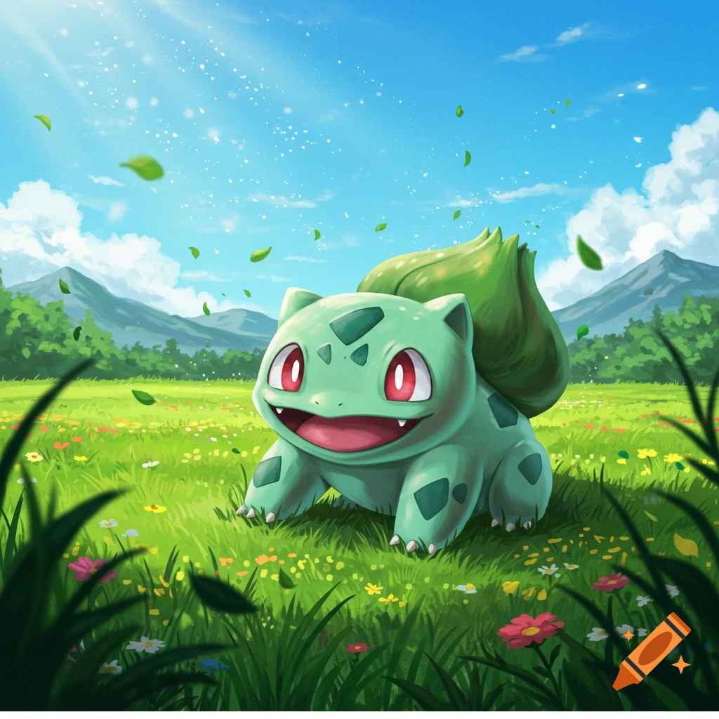 Happy green Bulbasaur in a vibrant, flower-filled field under a blue sky with falling leaves, animated style.
