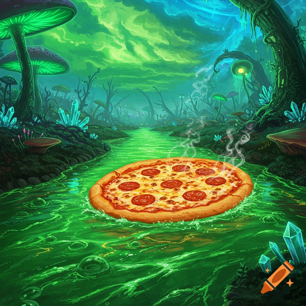Vibrant illustration of a pepperoni pizza floating in a glowing green river within a magical, mushroom-filled fantasy forest with crystals.