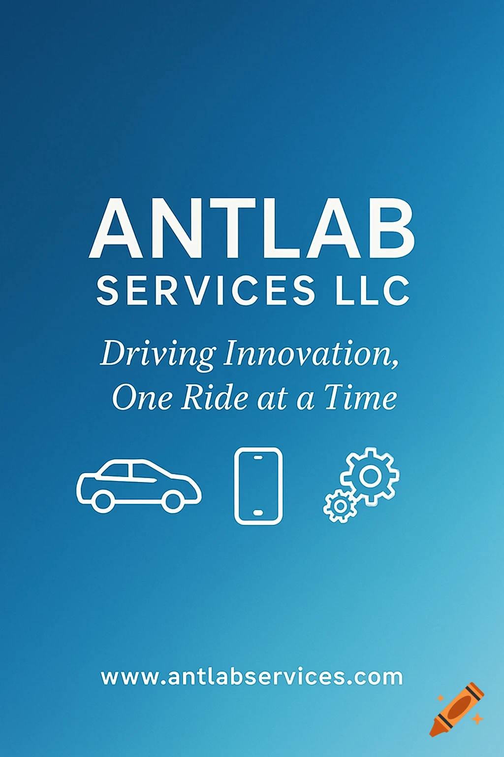 Blue graphic with white text 'ANTLAB SERVICES LLC Driving Innovation, One Ride at a Time', car, phone, and gear icons, and 'www.antlabservices.com'.