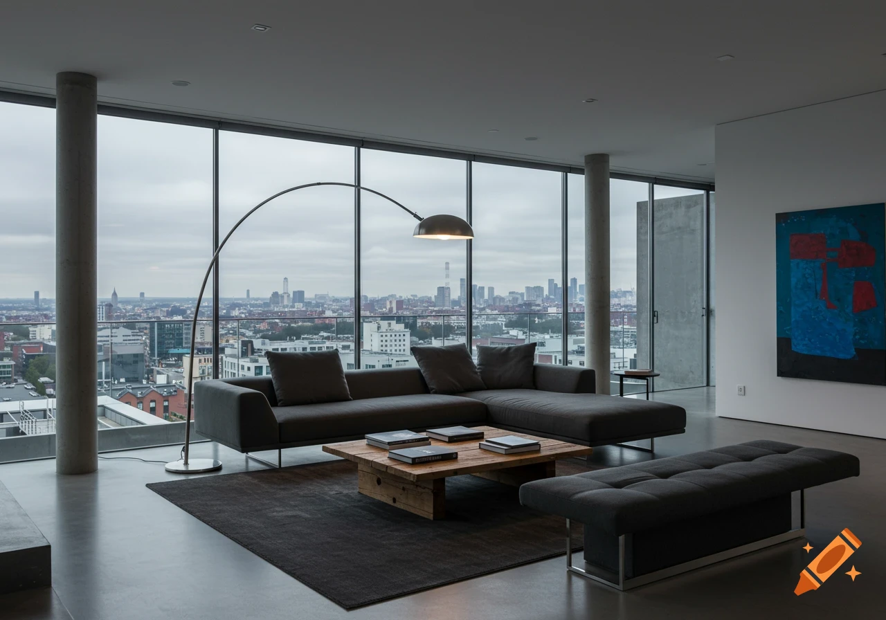 Modern living room with a gray sectional, wooden coffee table, and an arched floor lamp, offering a panoramic city skyline view.