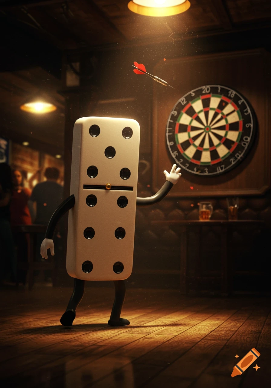A cartoon domino character throws a dart at a dartboard in a dimly lit bar, rendered in a detailed 3D style.