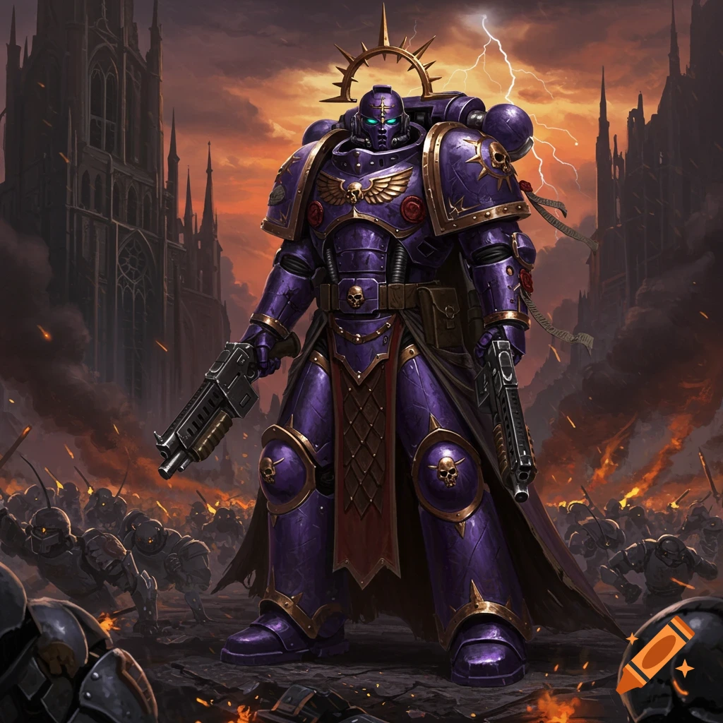 A purple-armored Warhammer 40k Space Marine officer stands wielding two shotguns amidst a burning, lightning-struck city battlefield.