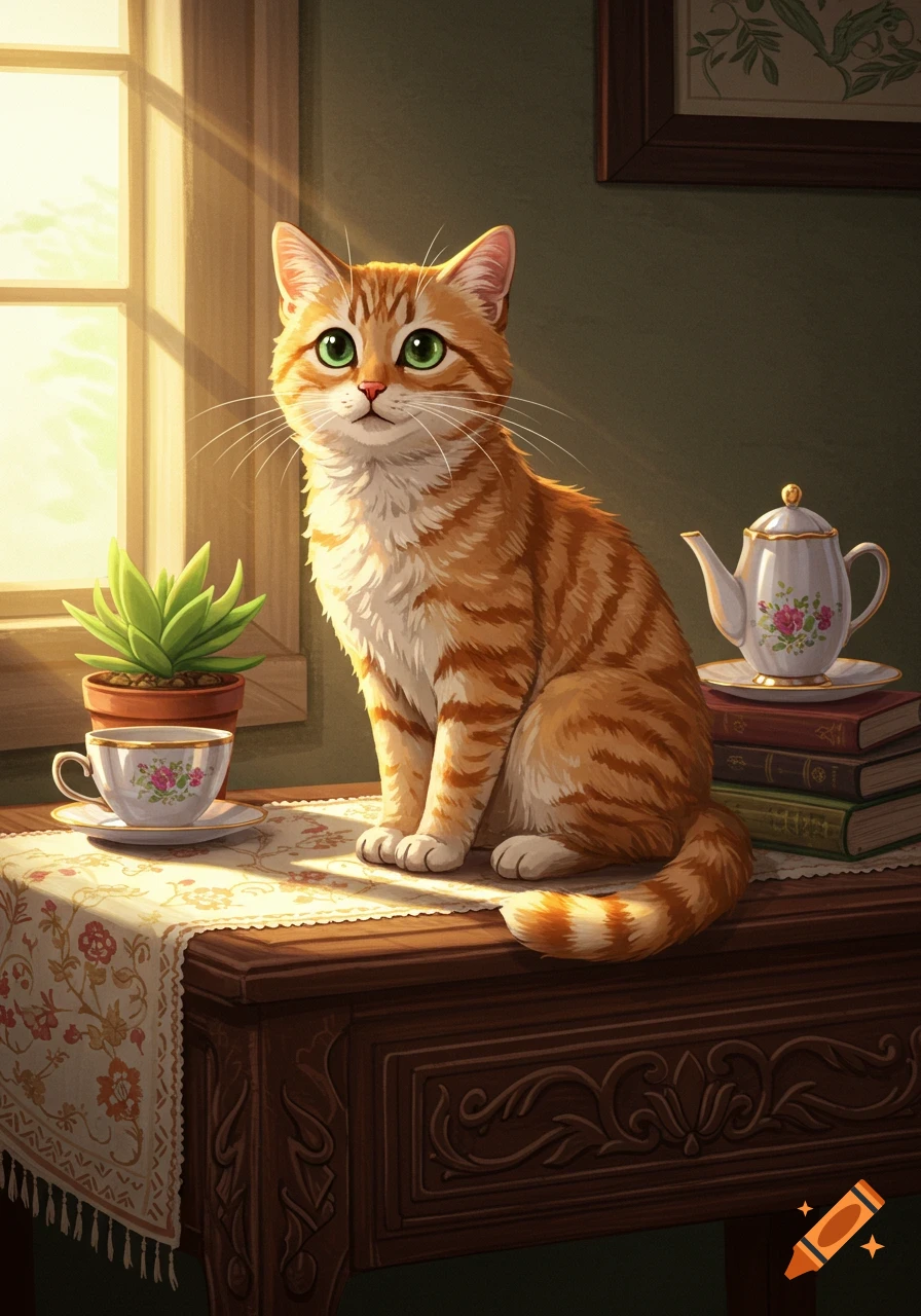 An adorable orange tabby cat with green eyes sits on a wooden table next to a potted plant, teacup, and teapot, bathed in warm sunlight from a window in an illustrated style.