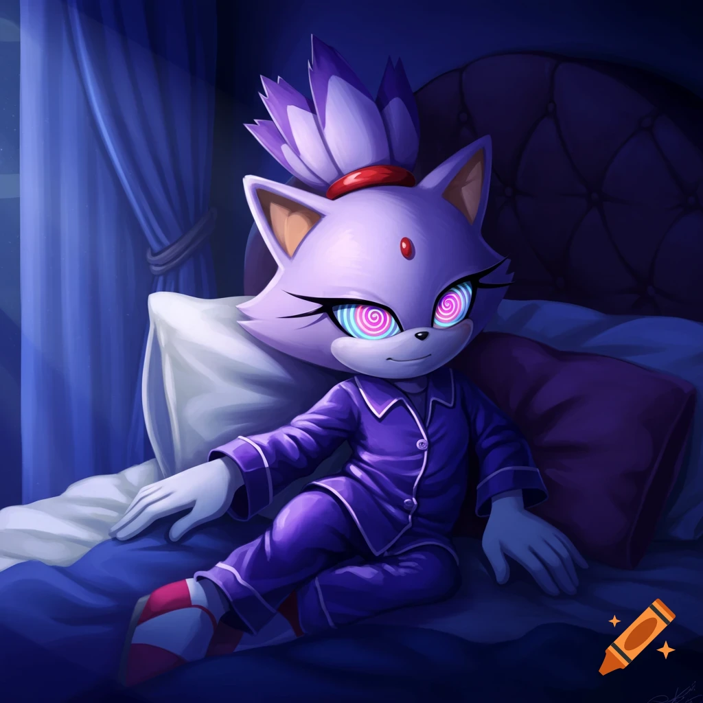 Blaze the Cat, a purple cat-like character, sits in bed wearing purple pajamas, with spiral hypnotic eyes, in a dark room.