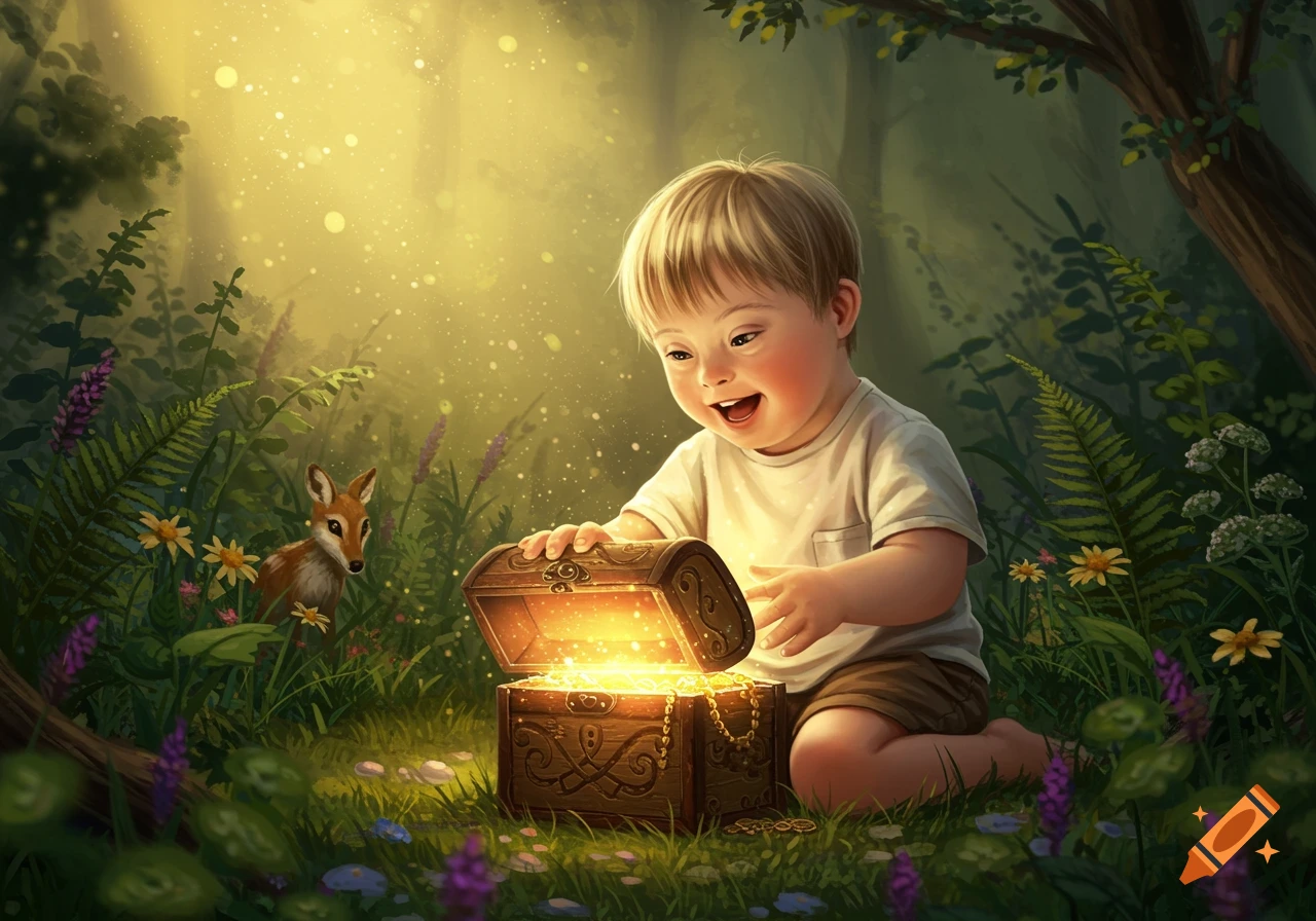 A joyful child with Down syndrome opens a glowing treasure chest in a magical, lush forest, with a fox peeking from behind.