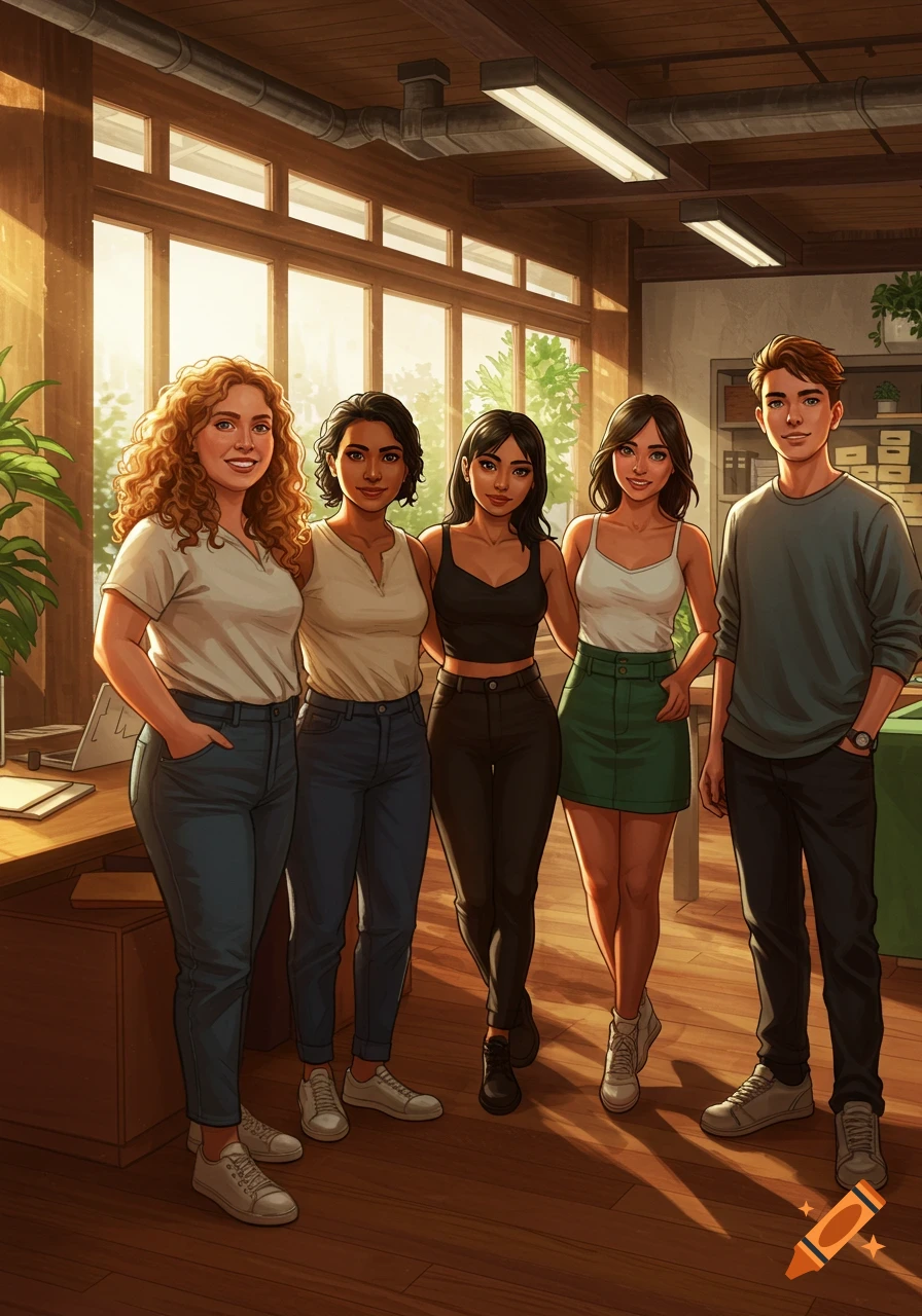 An illustration of five diverse coworkers, four women and one man, standing together in a sunlit office.