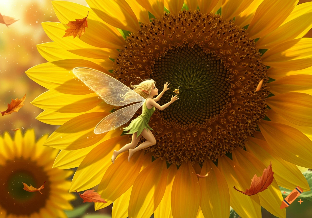 A tiny blonde fairy in a green dress reaches into the center of a giant, vibrant yellow sunflower, with autumn leaves falling around her.