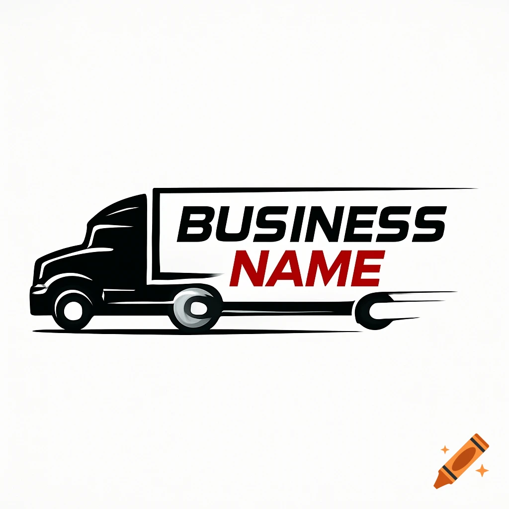 Modern black and red logo of a semi-truck with 'BUSINESS NAME' on the trailer, incorporating a wrench design element.