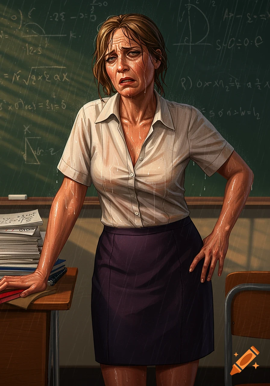 An illustration of a distressed, rain-soaked woman in a white shirt and purple skirt, standing in a classroom with a chalkboard.