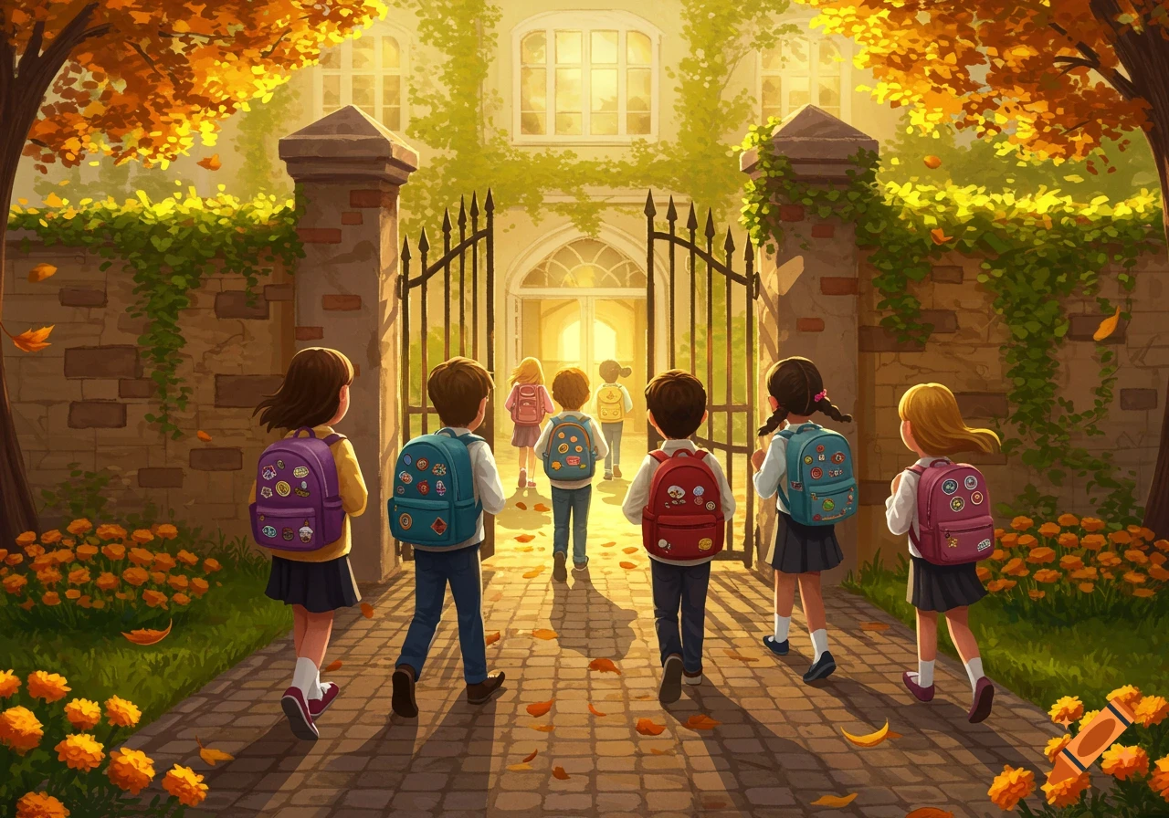 An illustration of children with backpacks walking towards a school building through gates in autumn.