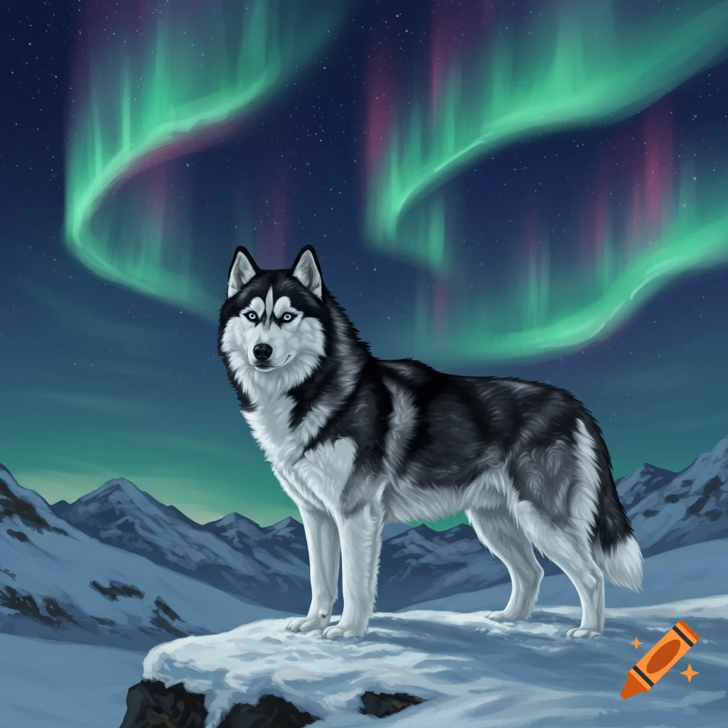 A black and white husky with blue eyes stands on a snowy mountain peak under vibrant green and pink northern lights.