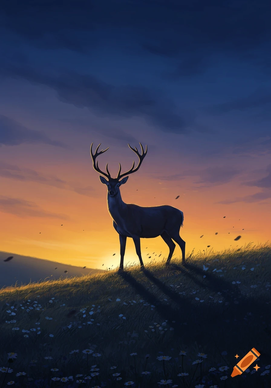 An illustration of a deer silhouetted on a grassy hill at sunset, with a vibrant orange and blue sky.