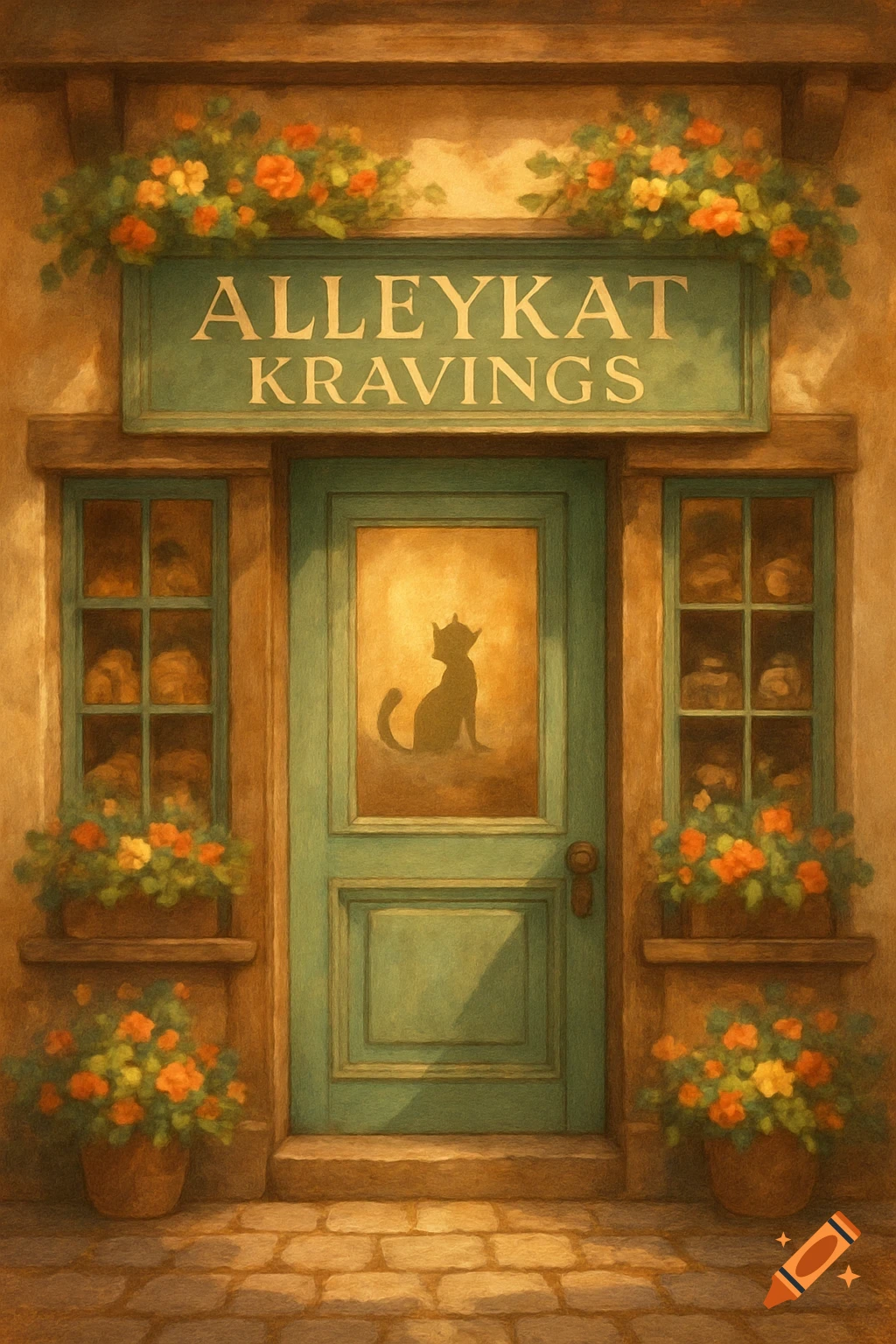 Vintage-style storefront with 'AlleyKat Kravings' sign, a door featuring a cat silhouette, and flower boxes. Painterly art style.