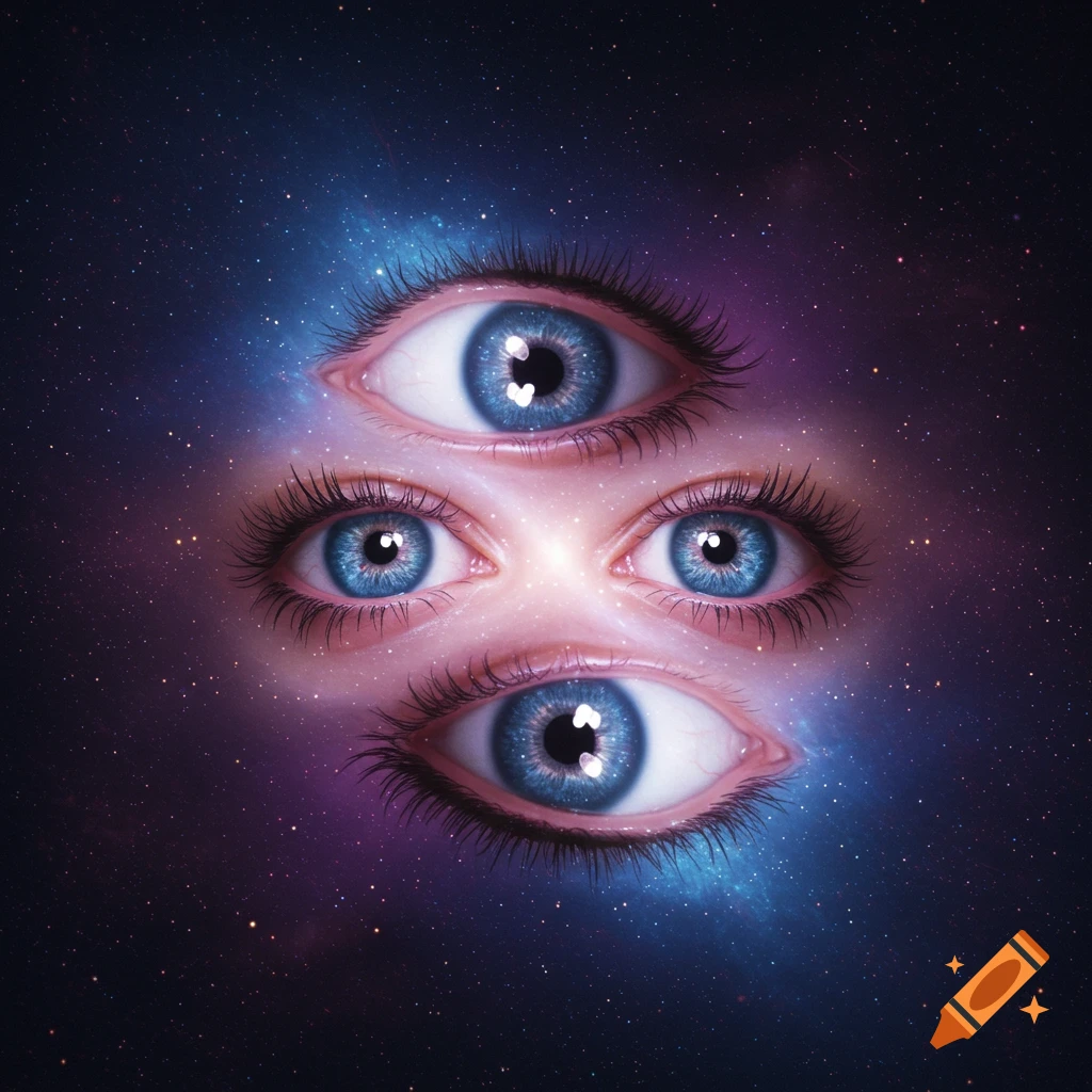 Six realistic blue eyes, arranged in three pairs, staring out from a cosmic background with stars and nebula clouds.