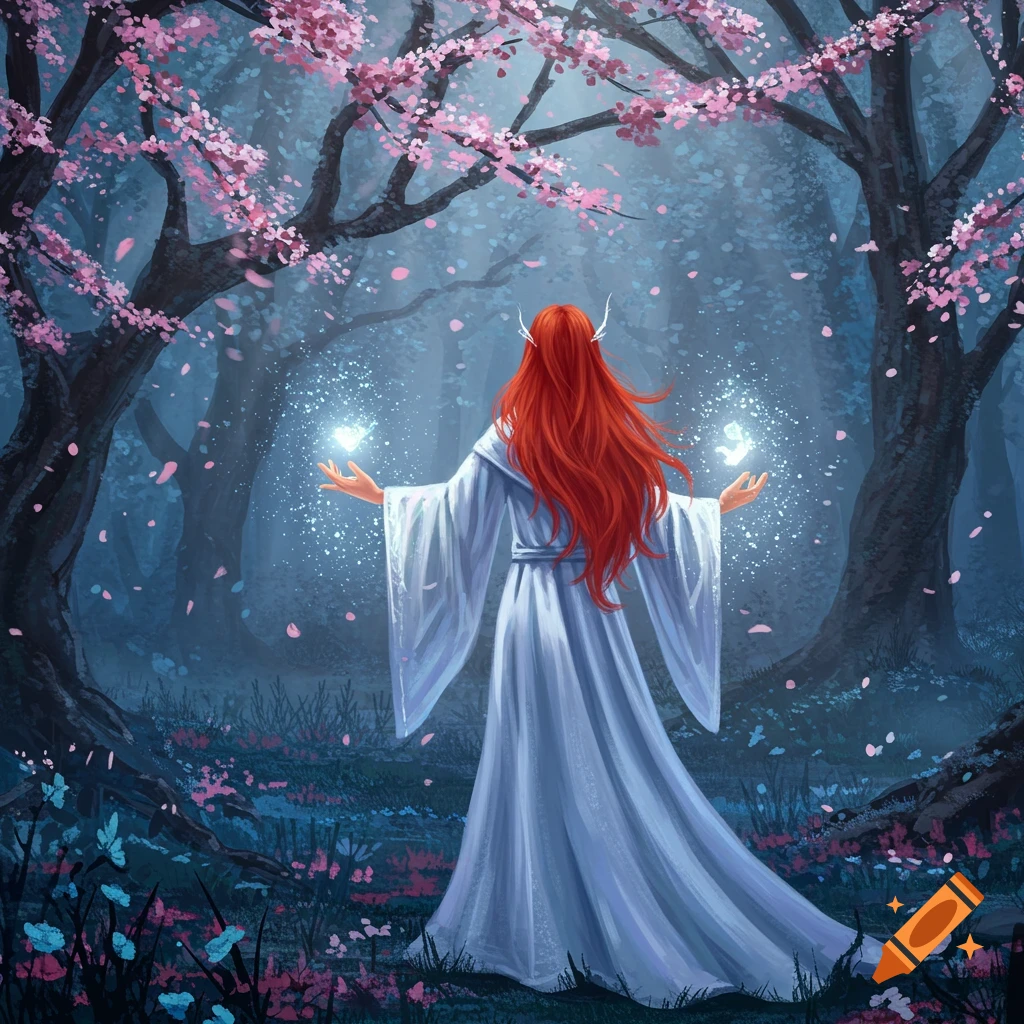 A red-haired woman in a white robe stands with extended hands, holding glowing magic in an enchanting forest with pink cherry blossoms. Fantasy.