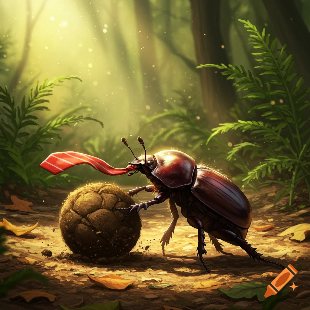 A detailed illustration of a dung beetle wearing a red striped tie, pushing a large dung ball across a sunlit forest floor.