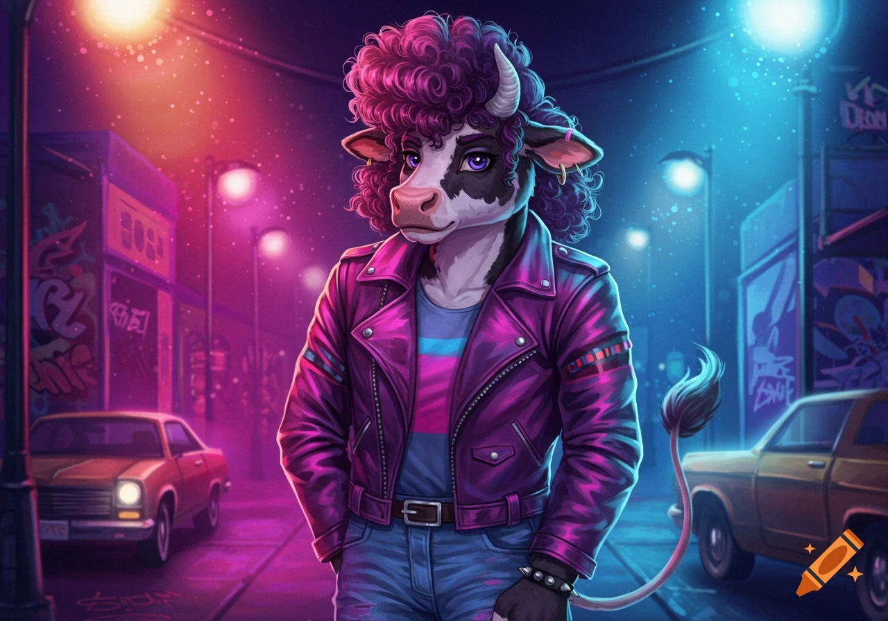 An anthropomorphic cow with curly purple 80s hair and a pink biker jacket stands on a neon-lit city street at night.