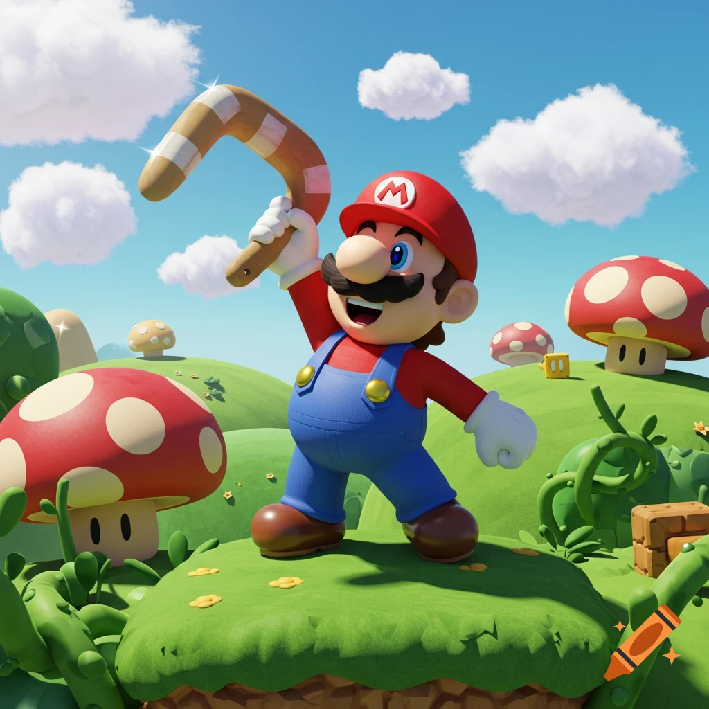 Super Mario holds a boomerang on a grassy hill with red mushrooms and clouds under a blue sky.