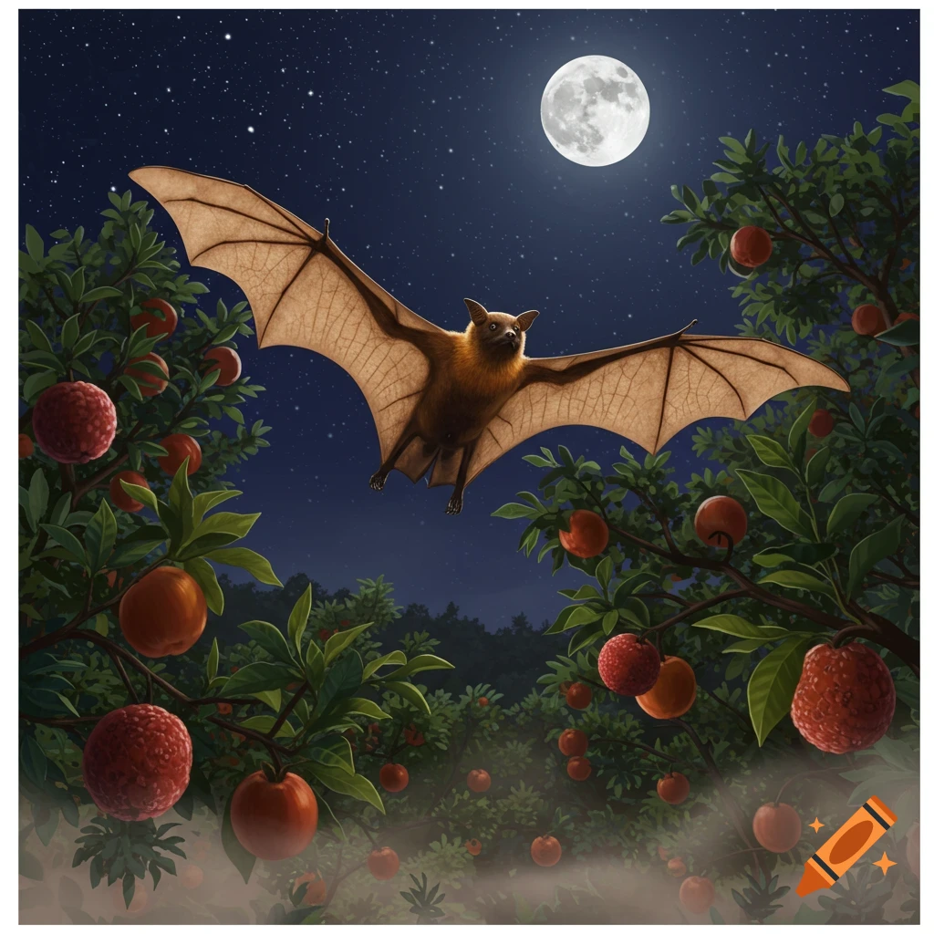 An illustration of a fruit bat flying through an orchard of trees with red fruit under a bright full moon and starry night sky.