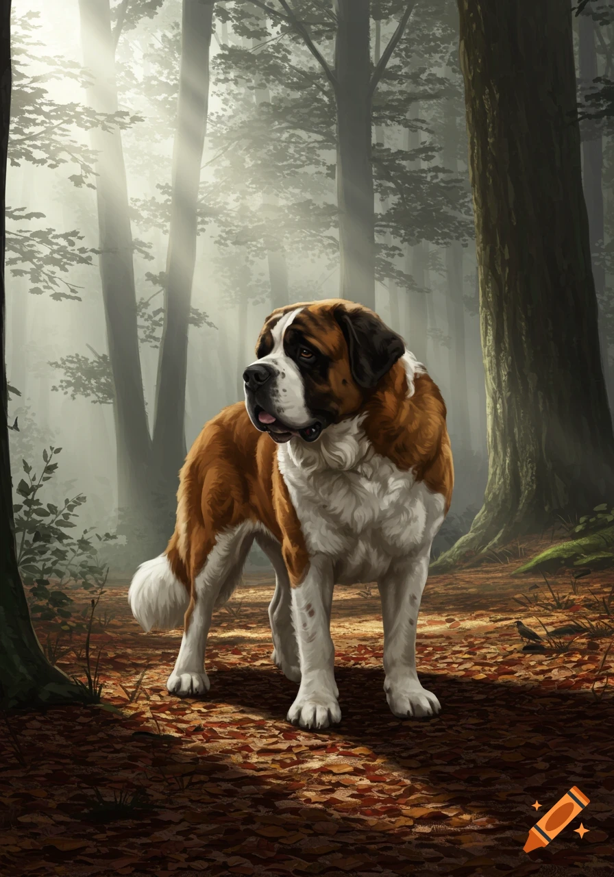 A digital painting of a brown and white St. Bernard dog standing in a foggy, sunlit forest with autumn leaves.