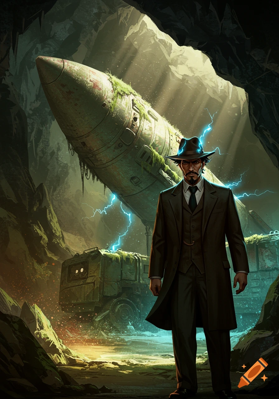 A man in a detective suit with lightning on his hat stands in a cave with an overgrown, derelict rocket and a truck, digital art.