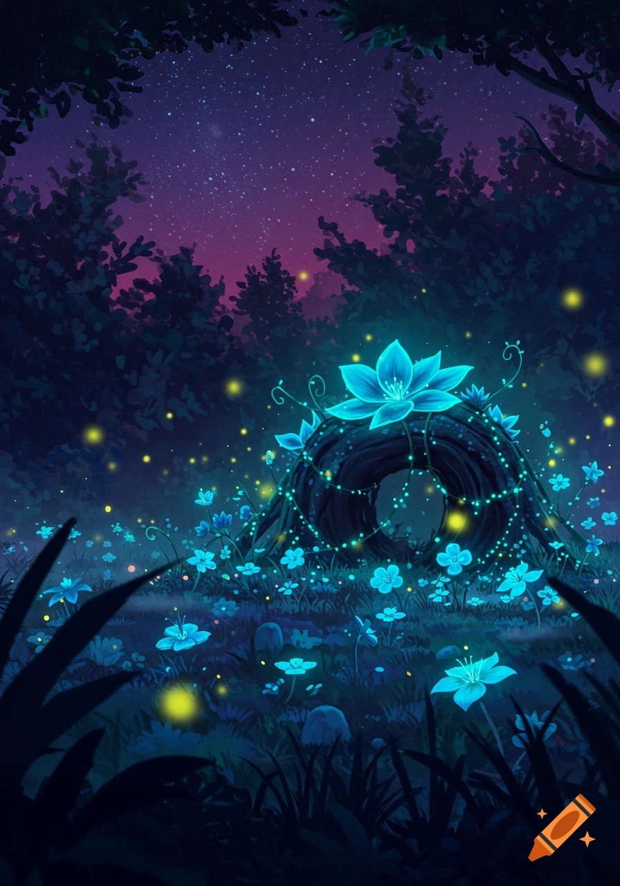 Magical forest at night with glowing blue flowers, fireflies, and a hollow log.