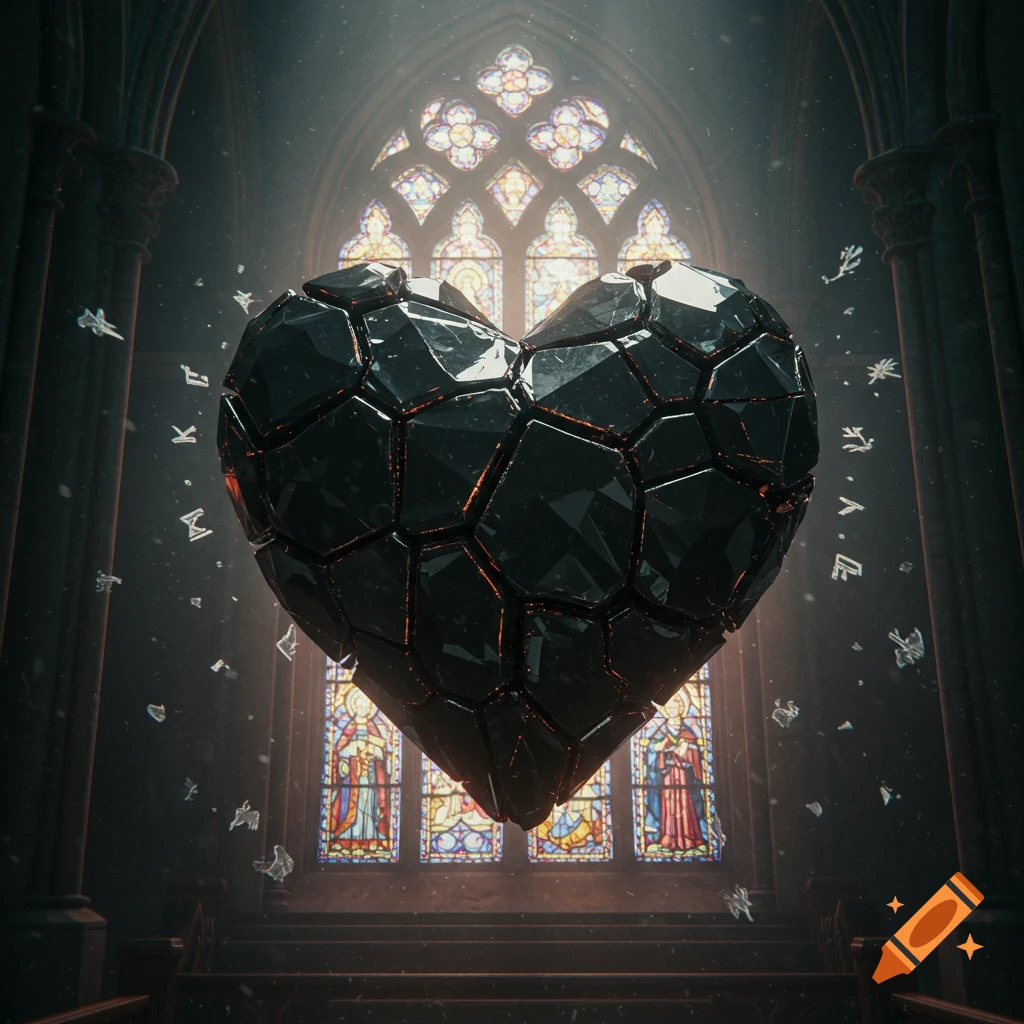 A fractured obsidian heart floats in a dimly lit church with vibrant stained glass windows, glowing from within.