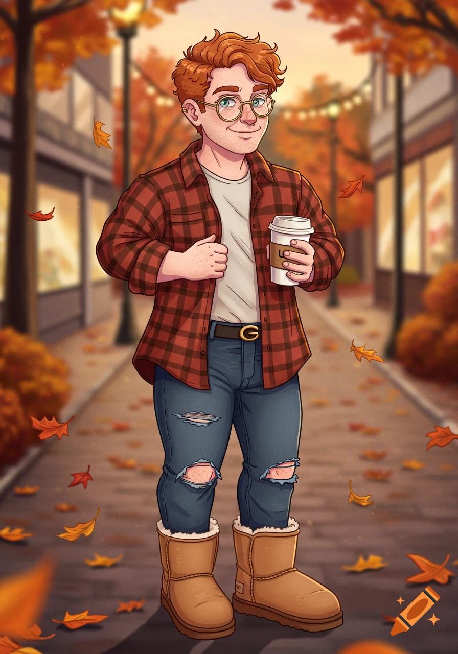 A cartoon red-headed man in a plaid shirt, ripped jeans, and Ugg boots, holding a coffee, walking on an autumn street with falling leaves.