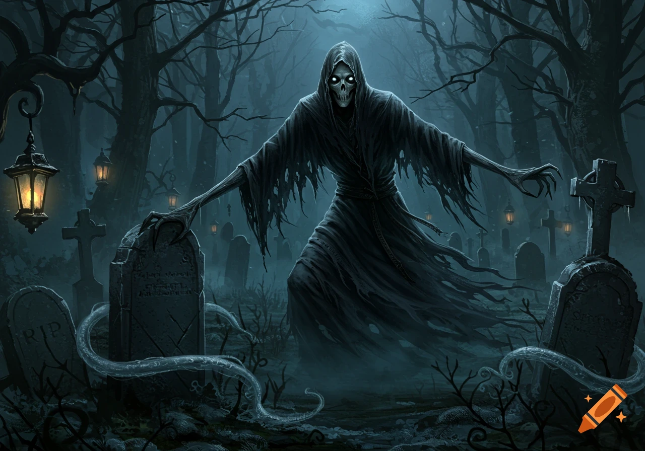 A skeletal figure in a dark, tattered cloak stands in a misty, moonlit graveyard with glowing lanterns and old gravestones.