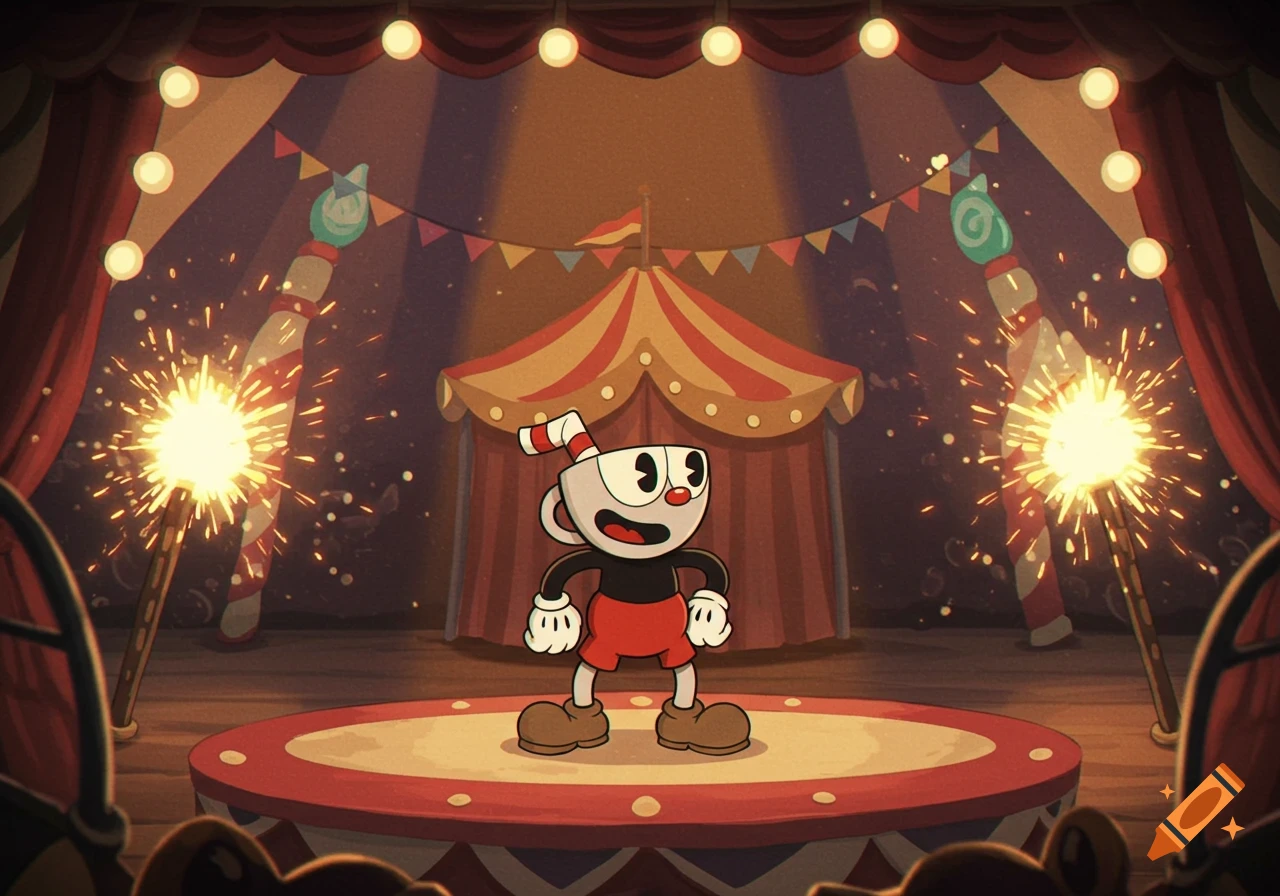 Cuphead character smiling on a circus stage with a tent backdrop and sparklers, in a retro cartoon style.