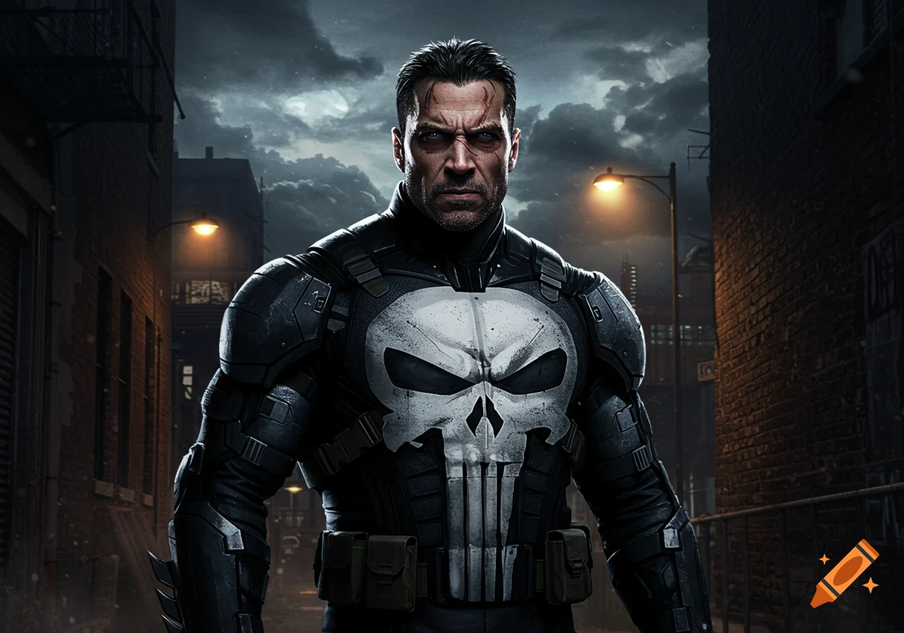 A serious man with facial scars, wearing a black armored suit with a white skull logo, stands in a dark urban alley under a cloudy sky.