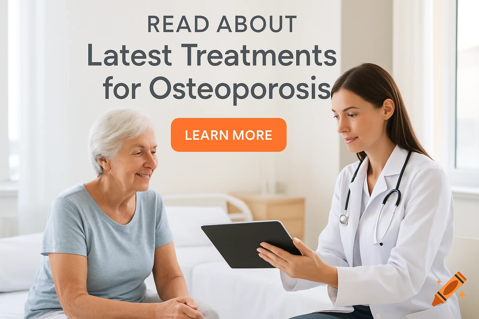 A female doctor in a white coat shows a tablet to an elderly female patient in a bright hospital room, with text about osteoporosis treatment.