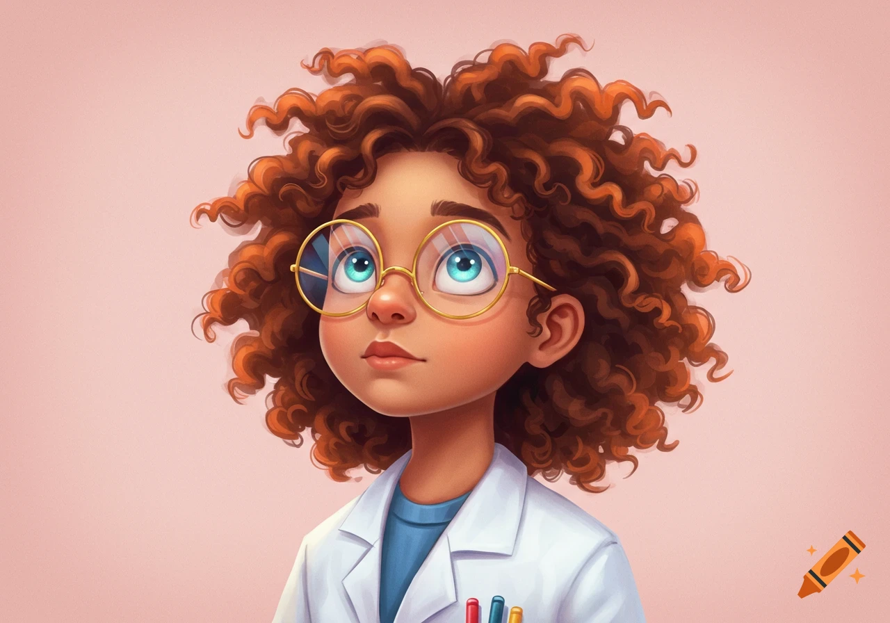 A cartoon illustration of a young, curly-haired scientist wearing glasses and a lab coat.