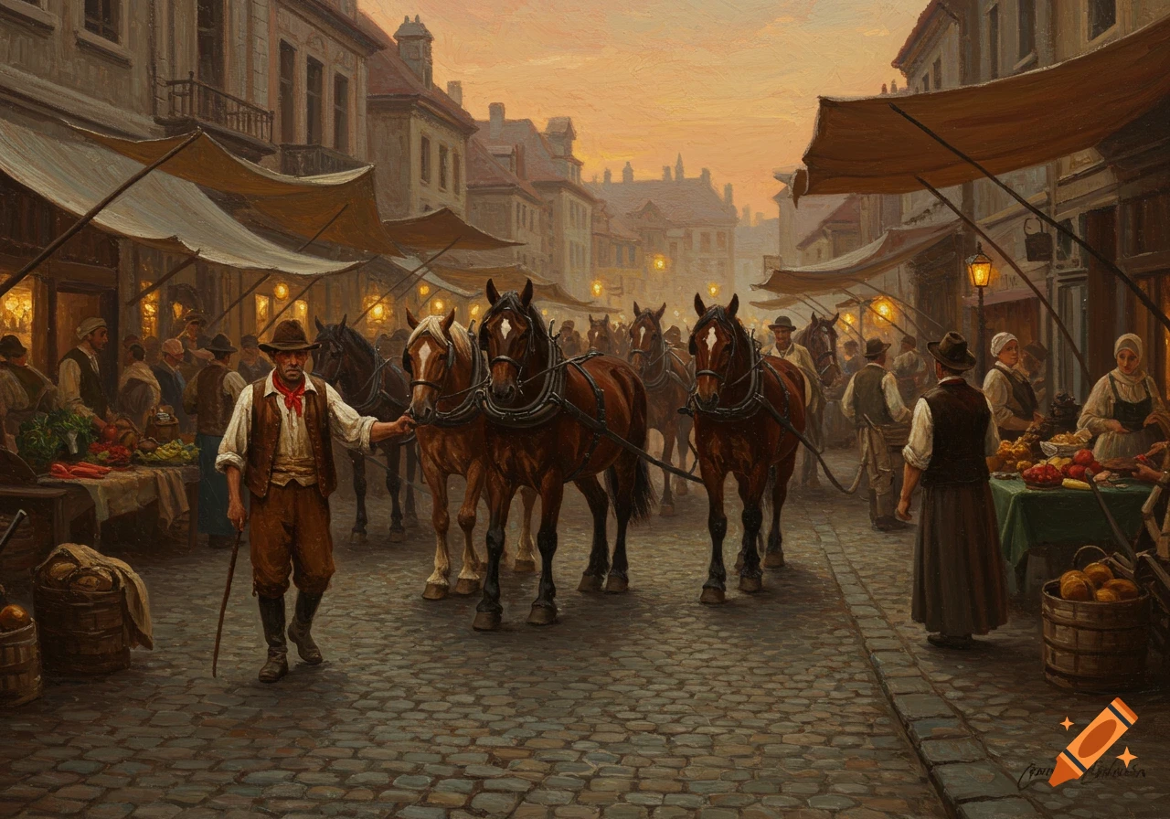 A man guides a team of horses through a bustling 19th-century European market at sunset, painted in a realistic style.