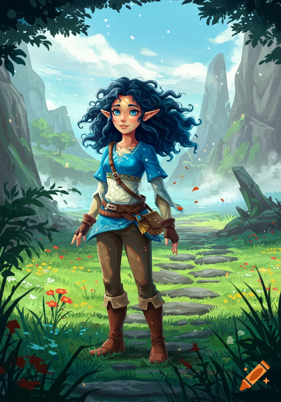 Animated fantasy art of a young woman with dark blue curly hair and blue eyes, dressed in an adventurer's outfit, standing on a path in a colorful, lush mountain valley.