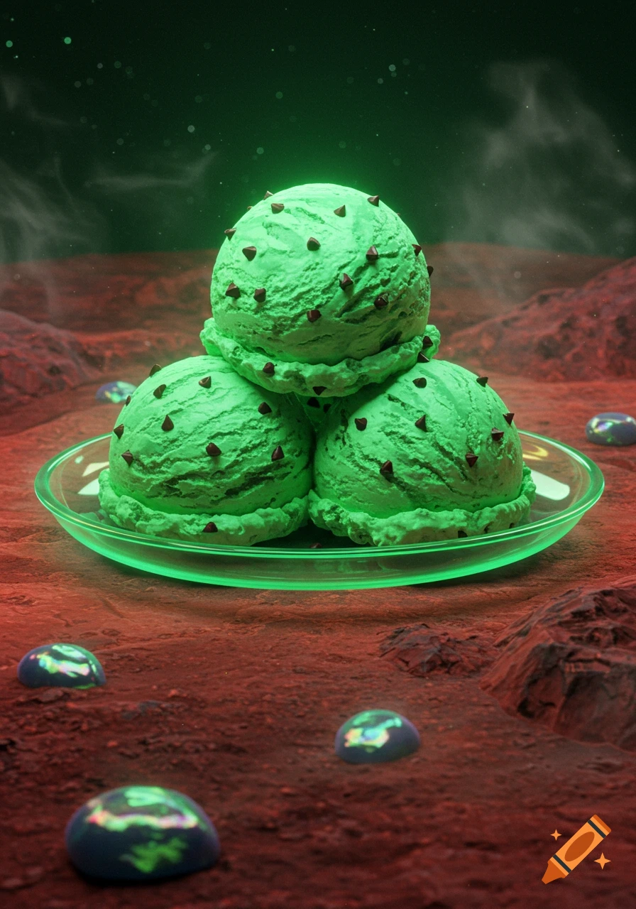Three scoops of vibrant green mint chip ice cream on a glowing plate on a red Martian landscape with luminous pebbles, dark green sky.