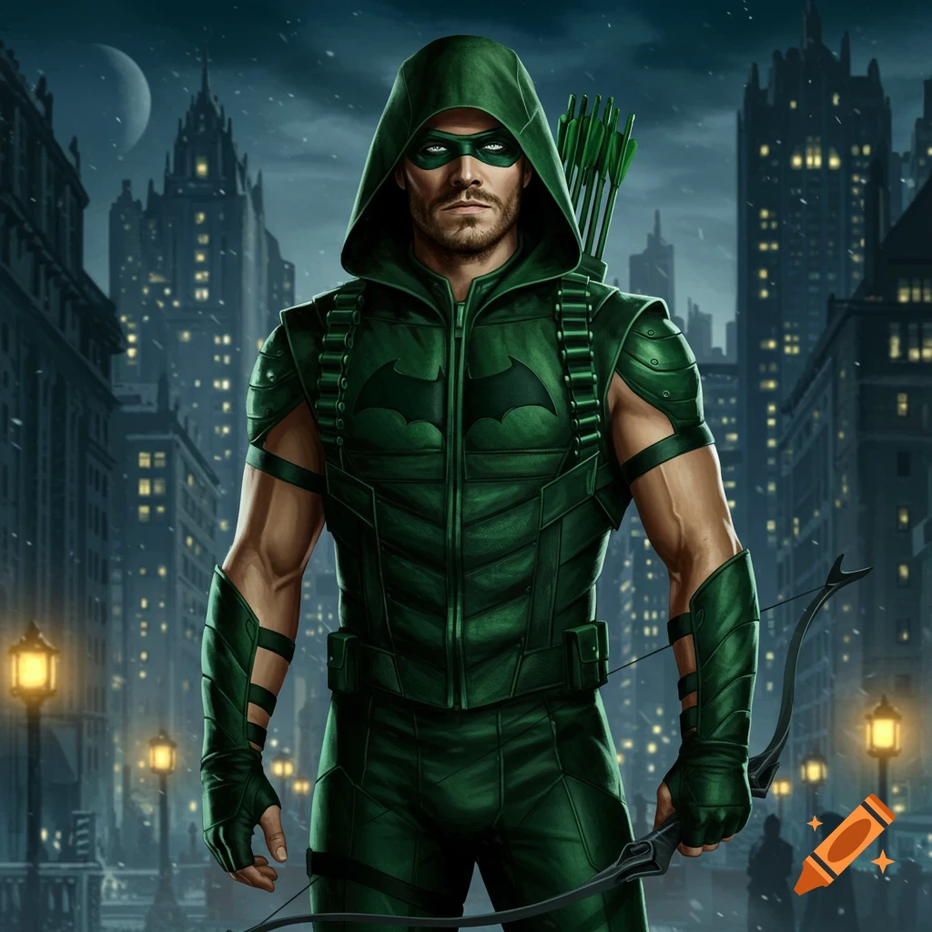 A superhero in a green hooded suit with a Batman symbol, holding a bow and arrows, stands in a dark, stylized city at night.