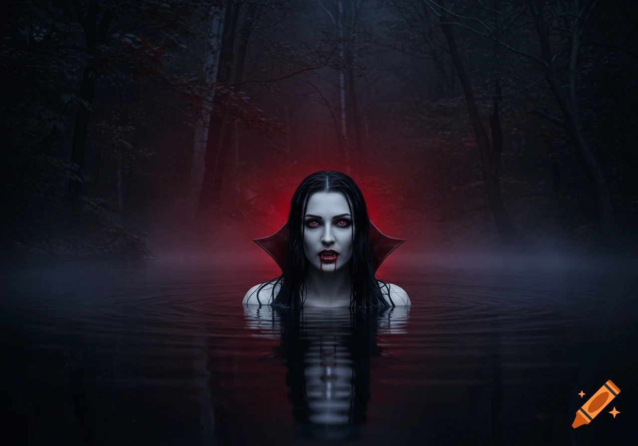 A photo-realistic image of a terrifying female vampire with red eyes and blood dripping from her mouth, emerging from dark water in a foggy, dark forest at night.