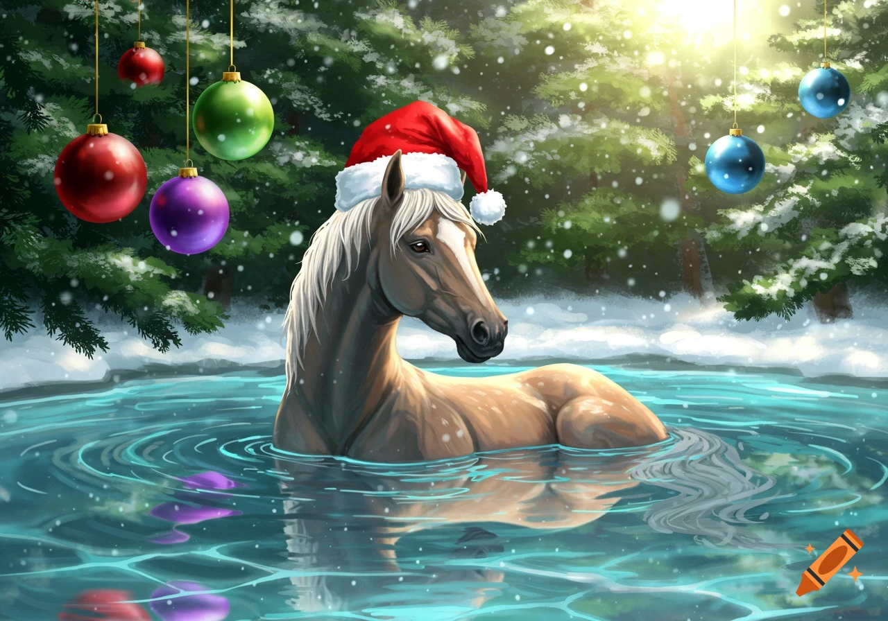 A horse wearing a red Santa hat stands in a calm pool of water, surrounded by a snowy forest with hanging Christmas ornaments.
