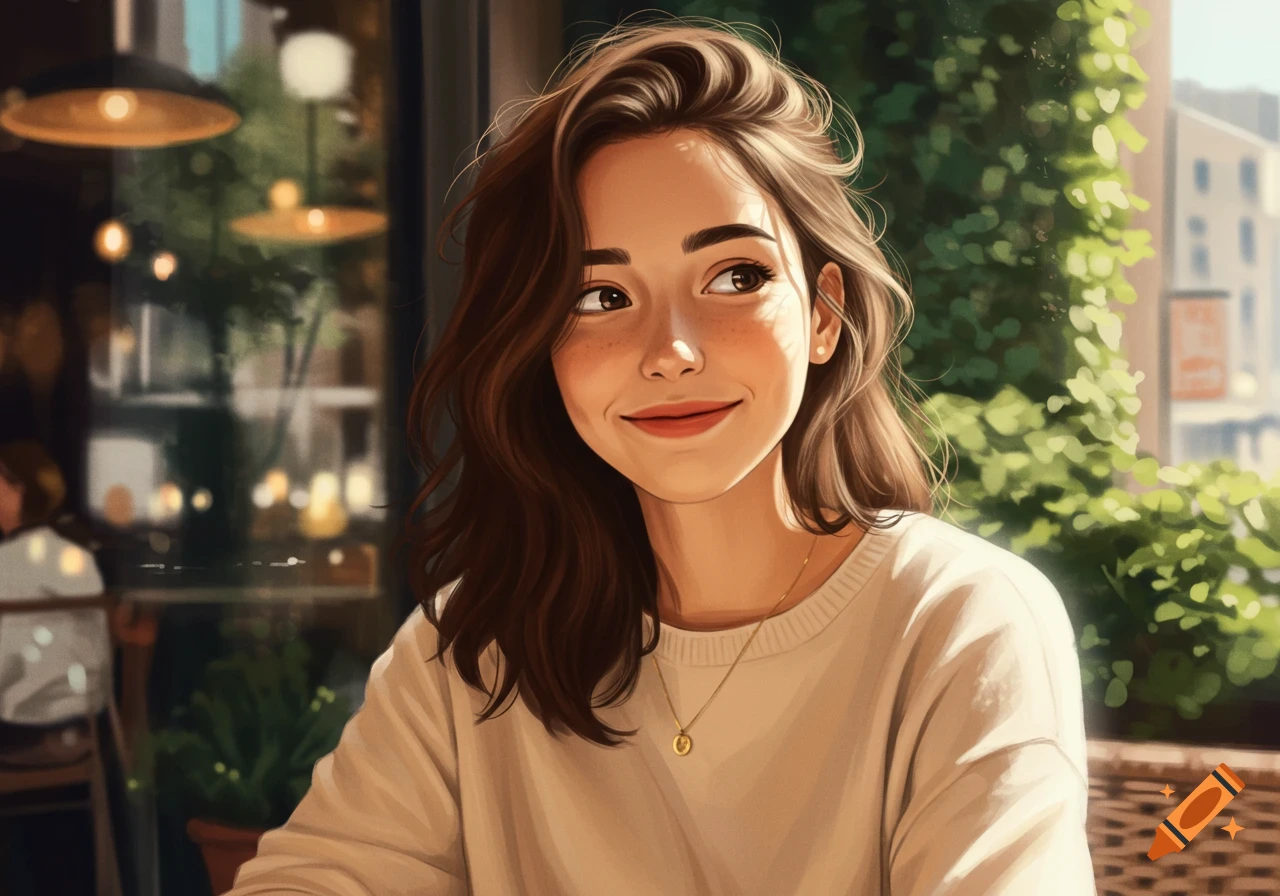 Digital art portrait of a smiling young woman with brown hair and freckles in a cafe setting, sun shining on her face.